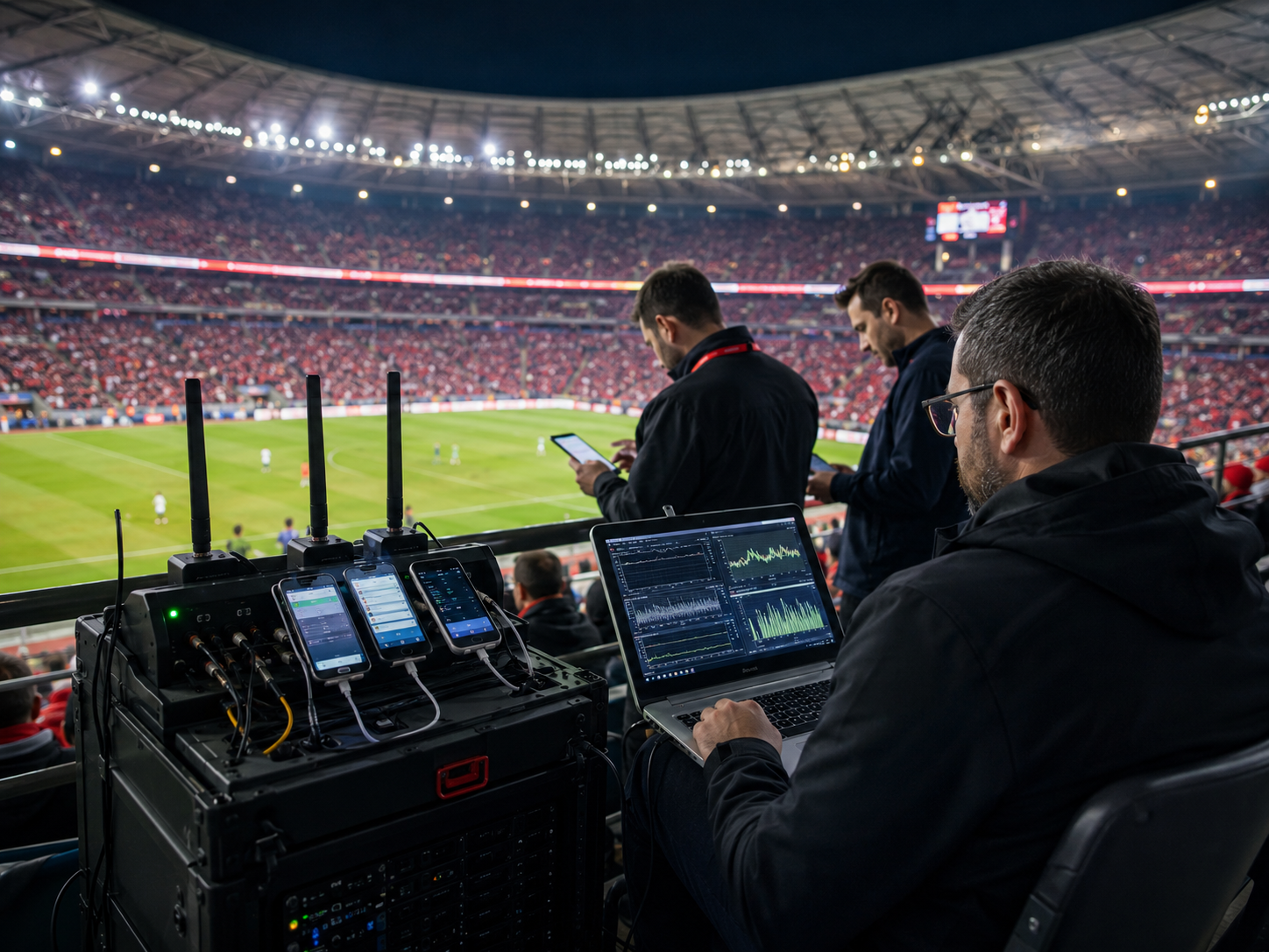 AmeriCloud team running live benchmarking with a 3-phone rig and spectrum laptop at a night stadium event