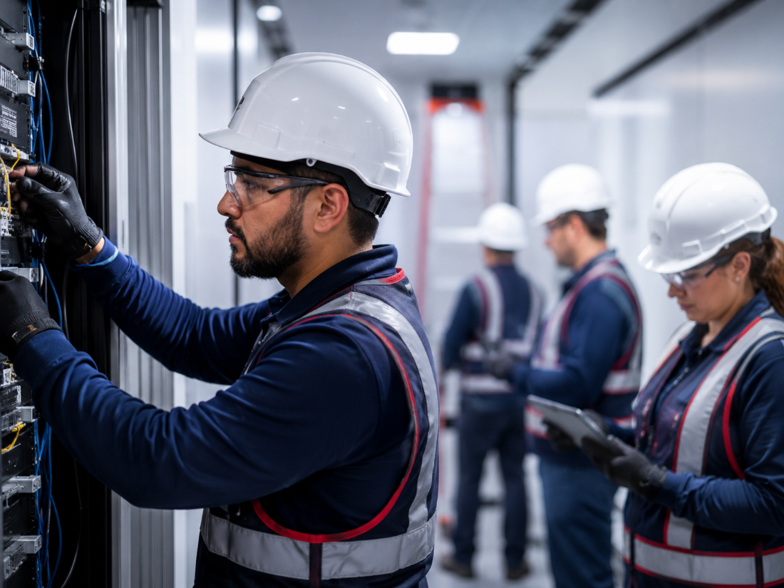 AmeriCloud field technicians in hard hats and safety vests installing equipment in a head-end room
