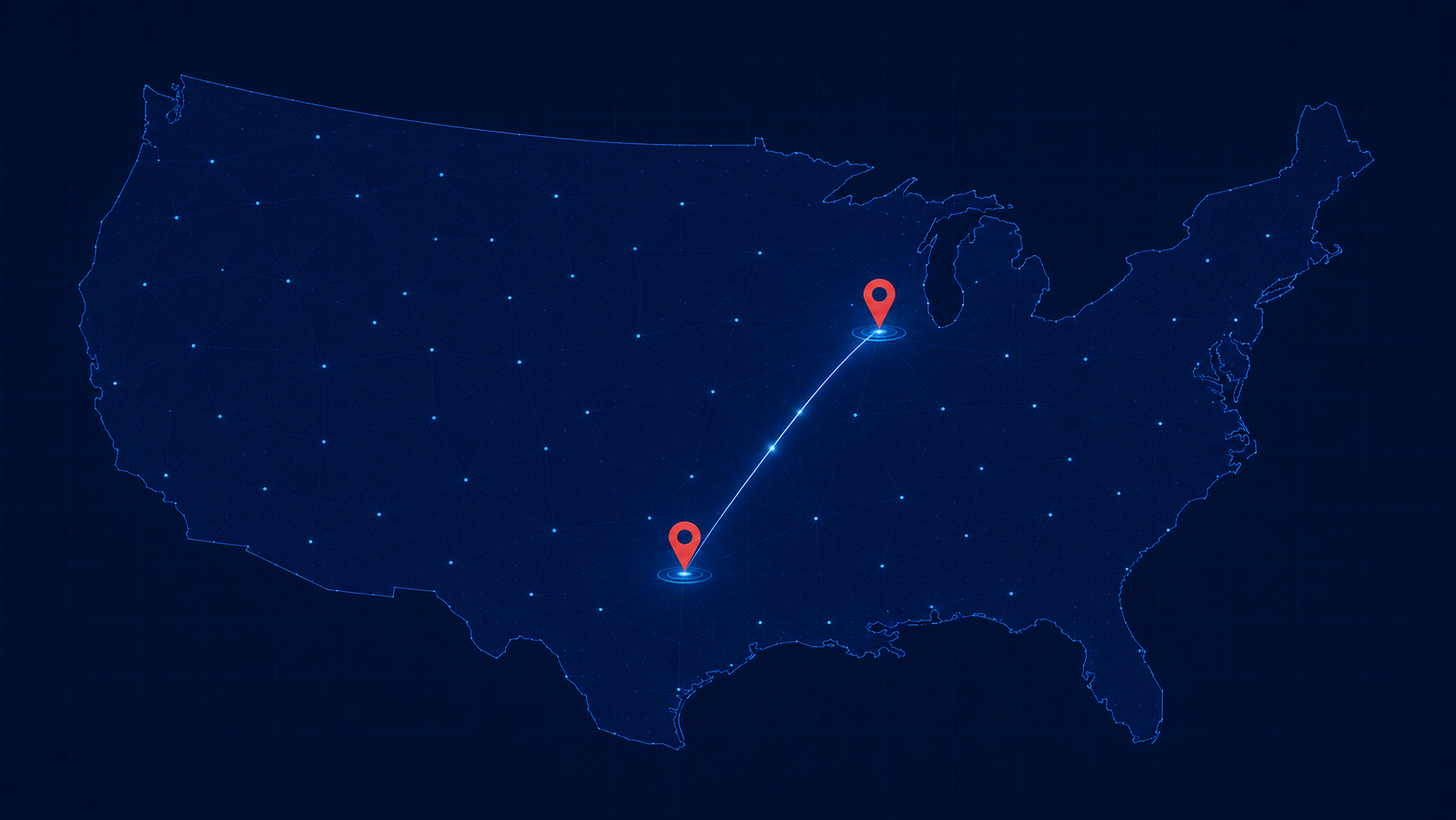 US map showing AmeriCloud's Schaumburg, IL headquarters and Frisco, TX regional office connected by a line