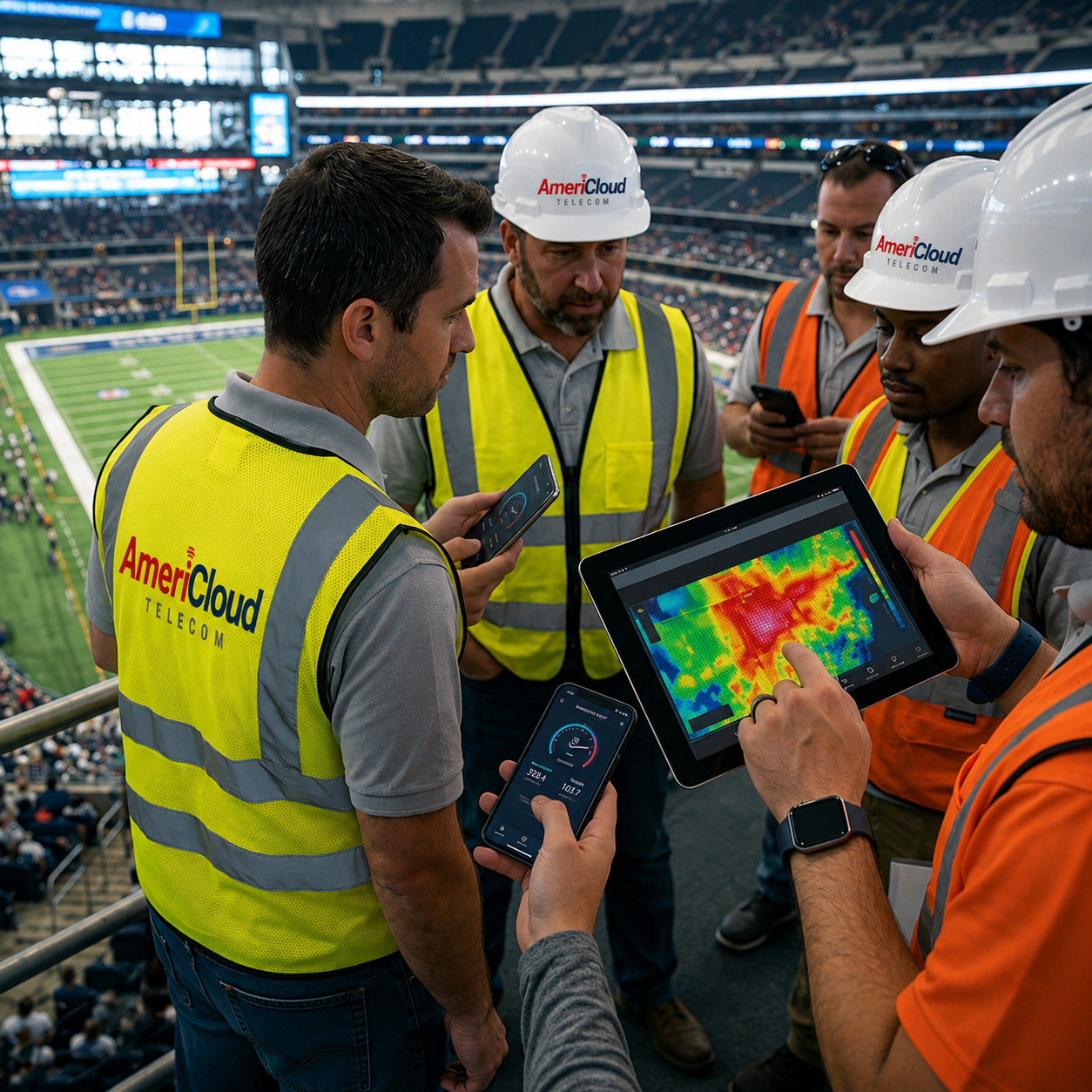 AmeriCloud crew in branded vests and hard hats reviewing a live coverage heatmap on a tablet at a stadium
