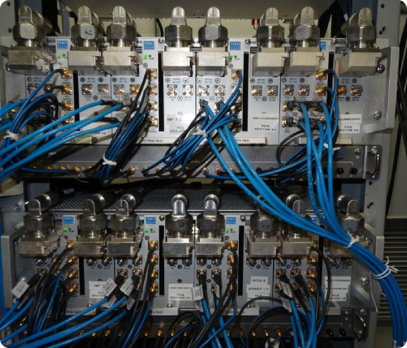 DAS head-end rack with blue RF jumpers