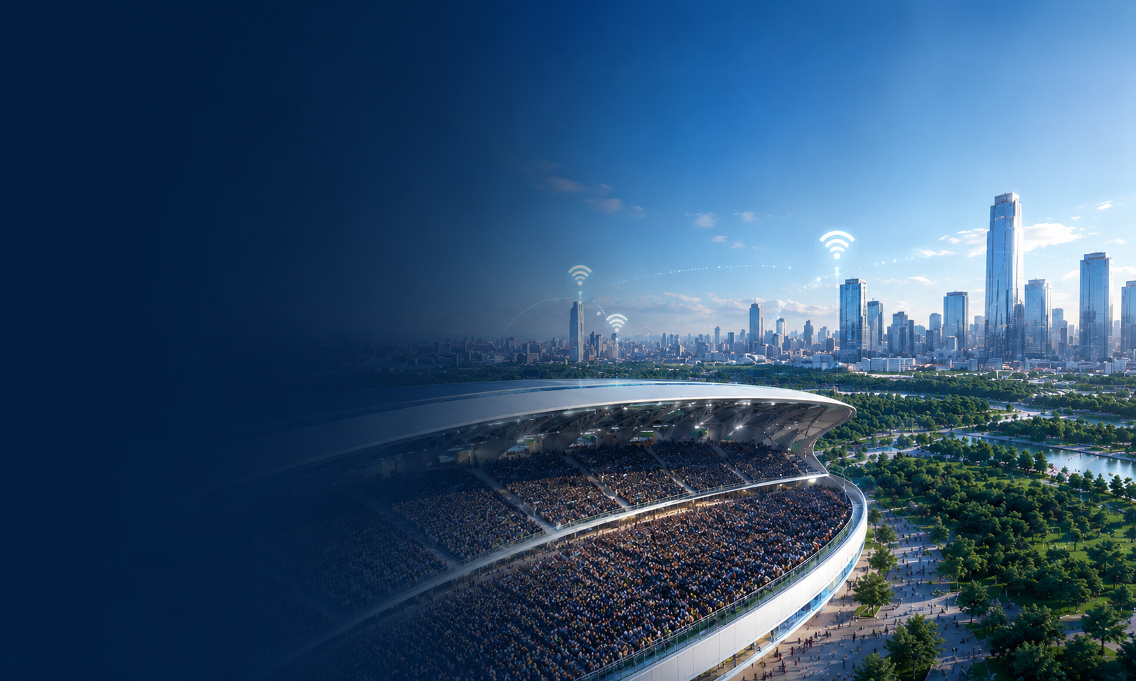 Connected stadium with Wi-Fi signal streams over a daytime city skyline