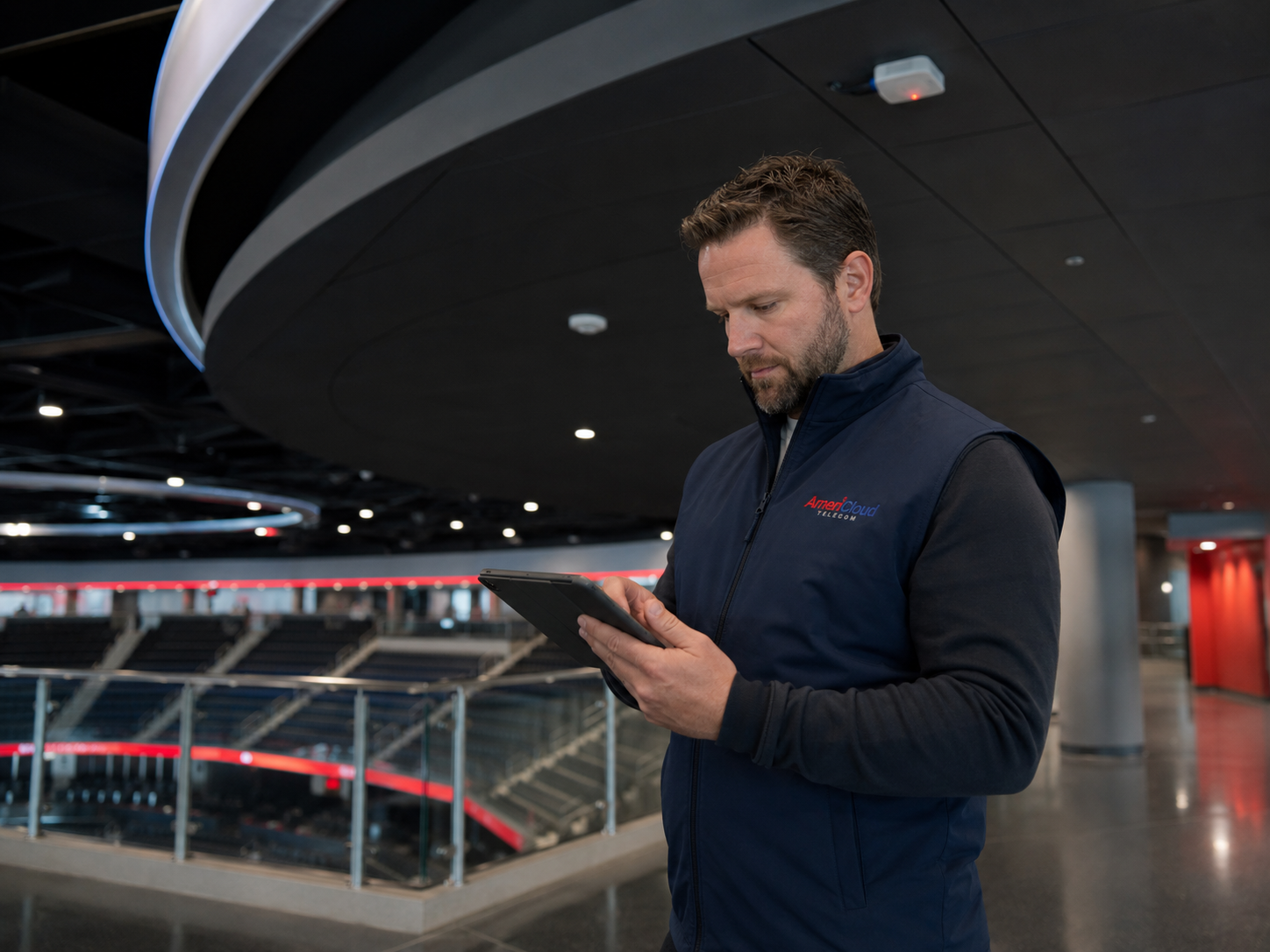 AmeriCloud staffer reviewing in-building coverage on a tablet inside a modern arena