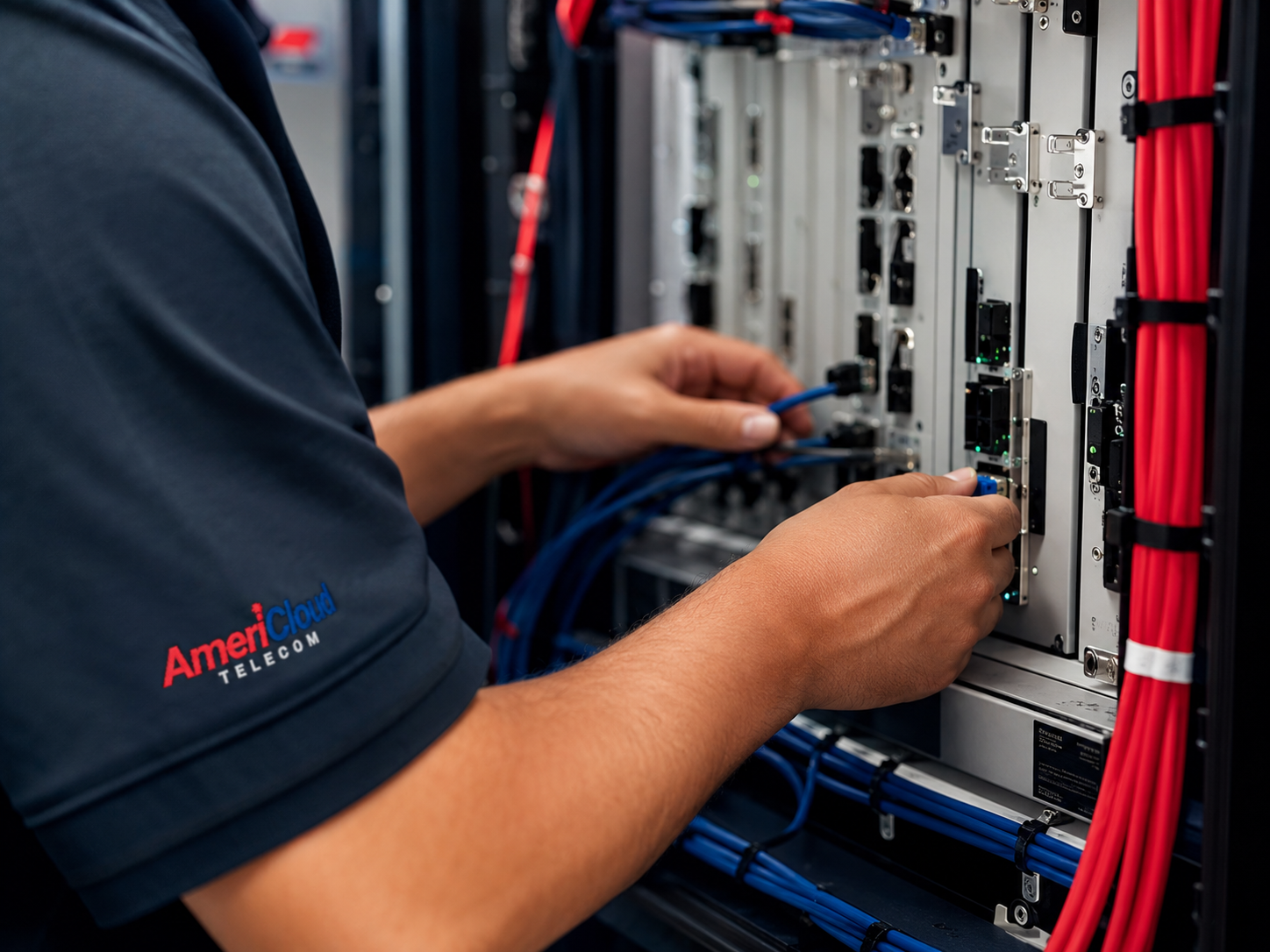 Close-up of an AmeriCloud technician integrating OEM equipment with blue and red fiber jumpers