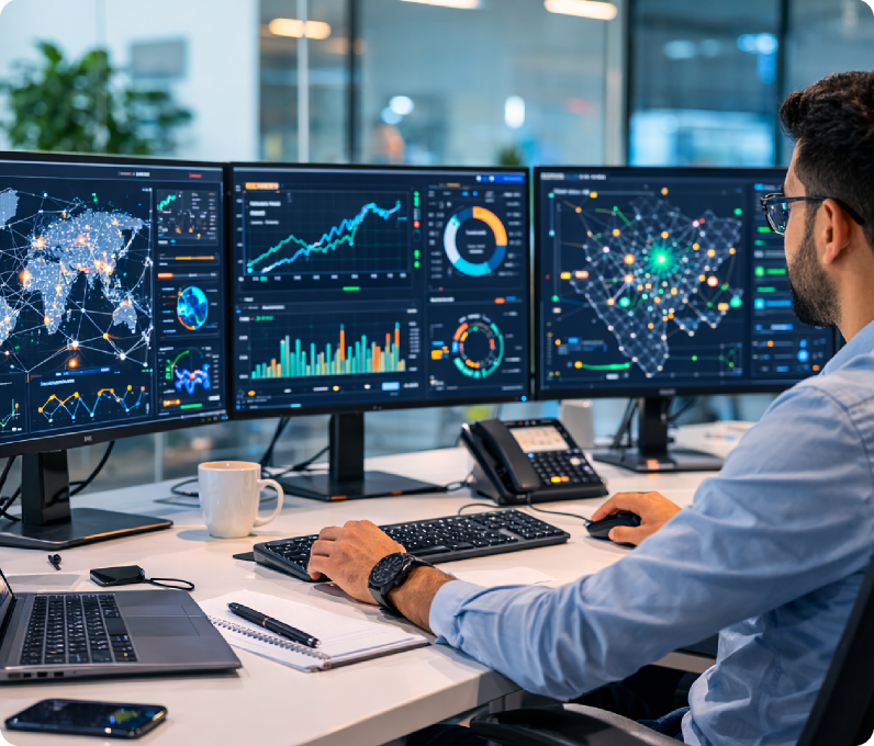 Engineer monitoring network KPIs across multiple screens