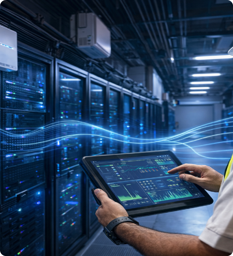 AmeriCloud technician validating a private network in an equipment room