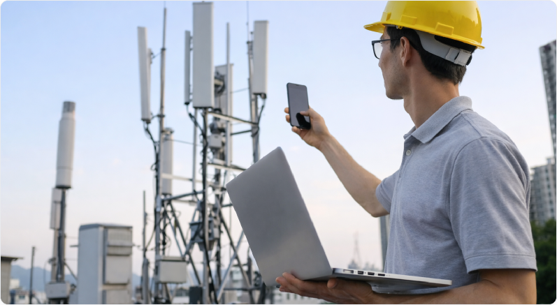 Engineer with laptop at a rooftop macro tower